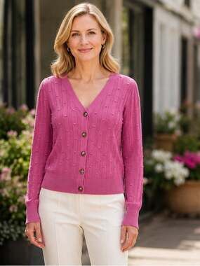 Heartloom Pink Pointelle Bobble Knit V-Neck Cardigan Sweater XS